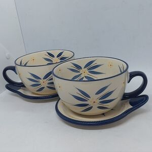 Temptations By Tara Old World Blue Large Mug With Saucer/Lid 22 Oz Set Of 2